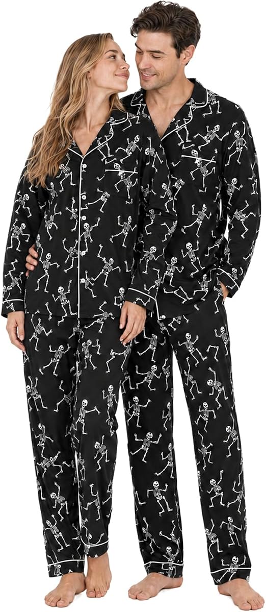 RAISEVERN Couple Christmas Matching Pajamas Long Sleeve Pjs Set Sleepwear - skeleton