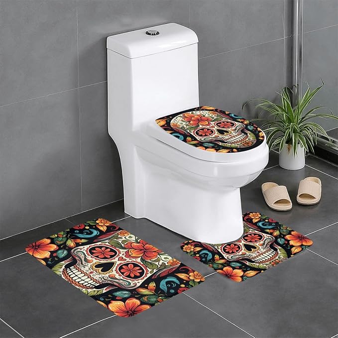 Colorful Sugar Skull Bath Mat Set 3 Piece Non-Slip Absorbent Bathroom Rug Toilet Seat Lid Cover U Shaped Toilet Contour Mat for Toilet Bathroom Decorations