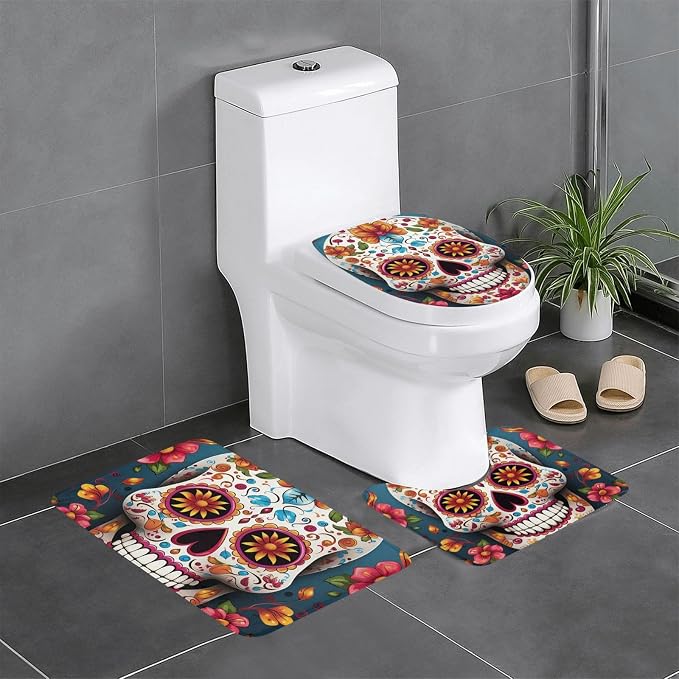 Colorful Sugar Skull Bath Mat Set 3 Piece Non-Slip Absorbent Bathroom Rug Toilet Seat Lid Cover U Shaped Toilet Contour Mat for Toilet Bathroom Decorations