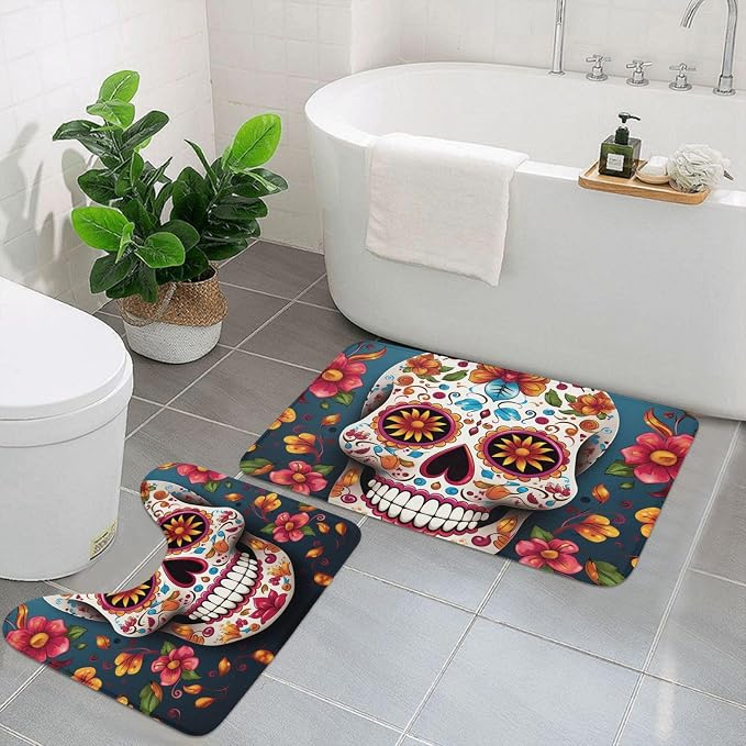 Bathroom Rugs Sets 2 Piece Bath Mat Soft Absorbent Microfiber Bath Rugs and U-Shaped Contour Toilet Rug Non-Slip Bath Carpet Colorful Sugar Skull Floor Mats for Bathroom - skull carpet
