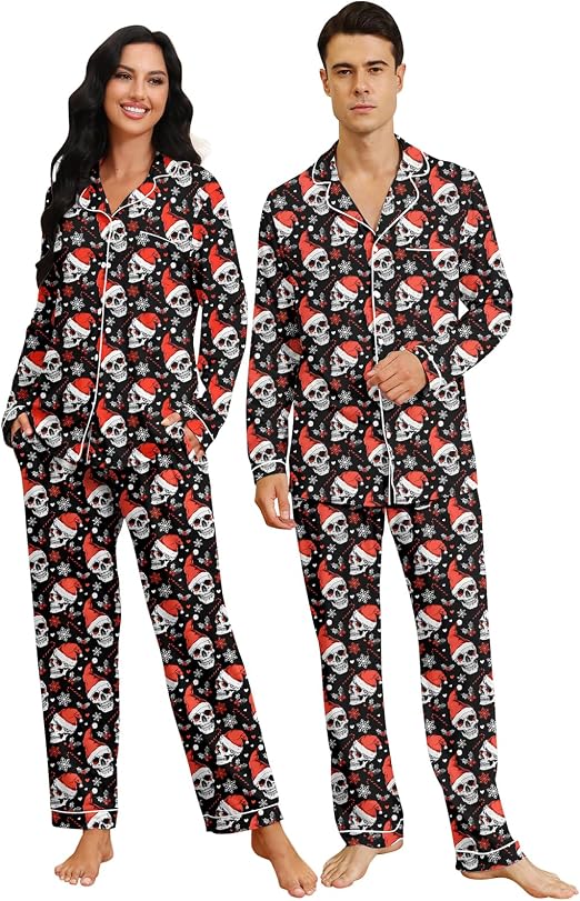 RAISEVERN Couple Christmas Matching Pajamas Long Sleeve Pjs Set Sleepwear - skull pajamas