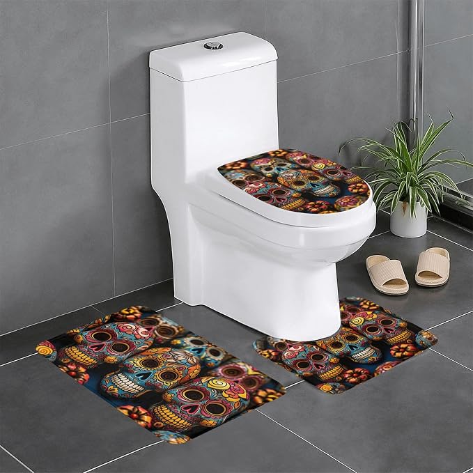 Colorful Sugar Skulls Bath Mat Set 3 Piece Non-Slip Absorbent Bathroom Rug Toilet Seat Lid Cover U Shaped Toilet Contour Mat for Toilet Bathroom Decorations