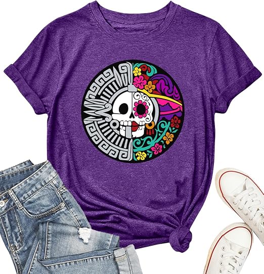 CAZYCHILD Day of The Dead Shirts for Women Dia De Los Mexican T-Shirt - skull tshirt