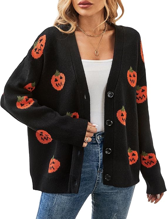 Halloween Cardigan Sweaters for Women, Pumpkin 2024 Trendy Fall Outfits, V Neck Open Front Knitted, Black S-XL - skull jacket