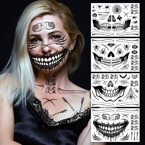 Halloween Horror Skeleton Face Stickers Tattoo Temporary Waterproof Devil Mouth Spider Web Temporary Tattoo Stickers Mask Party Makeup Art Fake Tattoos Adults Festival Decor Supplies 4PCS Sets - skull sticker