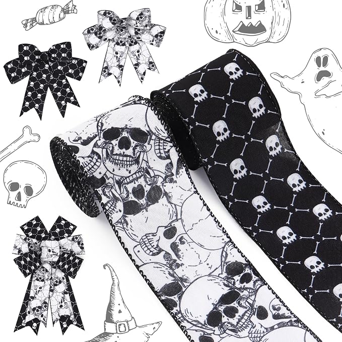 ALIBBON 2 Rolls 2.5" 5 Yd Halloween Skull Wired Ribbon Black White Skeleton Fabric for Decor Wreath DIY Crafts Bows Gifts Wrapping Party - skull wreath