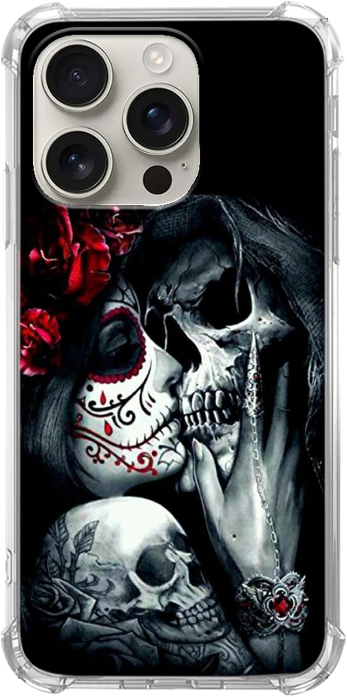 Kiss Skull Phone Case for iPhone 16 Pro Max, Sugar Skull Girl Cool Skeleton Case Cover for Girls Women Men for iPhone 16 Pro Max, Trendy Cool TPU Case Cover - Skull phone case