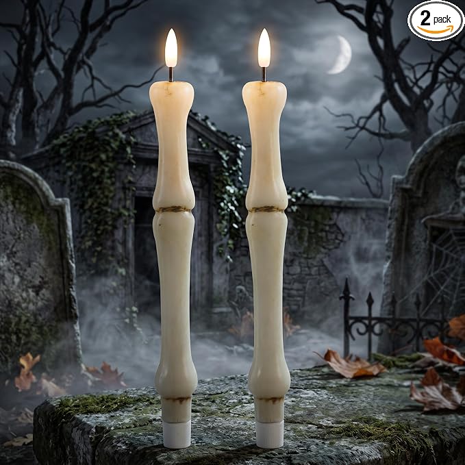 Halloween Bone Sculpture Flameless Taper Candles with 6H Timer - skull candle