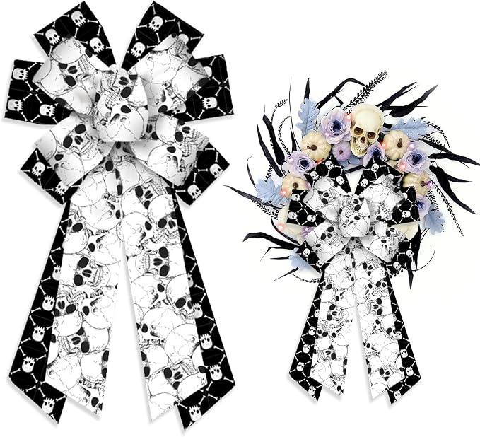 ALIBBON Large Halloween Bows for Wreaths, Halloween Wreath Bows, Skull Bows for Front Door, Halloween Decor, Black White Skeleton Bows for Wreath Indoor Outdoor Halloween Party Decoration