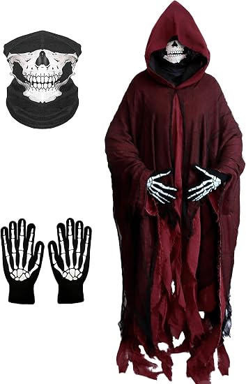 Grim Reaper Costume Halloween Horror Cloak with Hood for Men Vintage Scary Hooked Cloak Set, Skull Mask & Skeleton Gloves - sugar skull dress