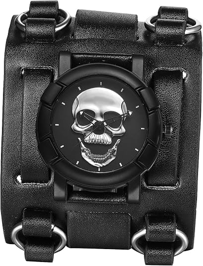 JewelryWe Wide Leather Cuff Watch for Men Black Punk Quartz Wristwatch - skull watch
