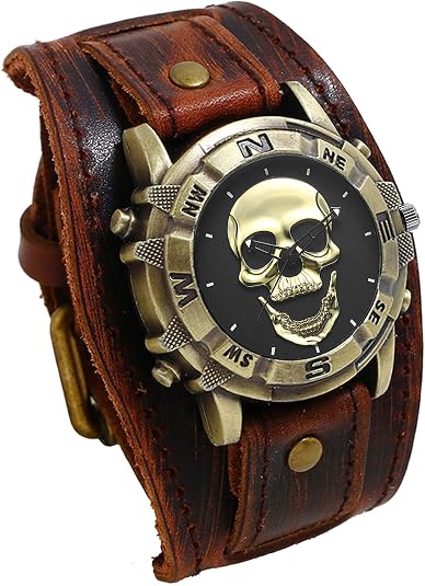 JewelryWe Wide Leather Cuff Watch Vintage Retro Quartz Punk Wristwatches for Men Women Halloween Costumes for Mother's Day - skull watch