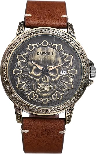JewelryWe Punk Skull Leather Watches: Cool Round Analog Quartz Calendar Watch Mens Gothic Leather Wristwatch for Father's Day - skull watch