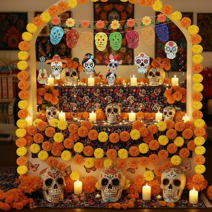 Hotop 39 Pcs Day of The Dead Decor Set Ofrenda Altar Kit, Orange and Yellow - string light