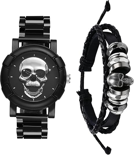 JewelryWe Punk Watches for Men: Round Analog Quartz Skull Watch Cool Stainless Steel Wristwatch Bracelet Watch Set for Father’s Day