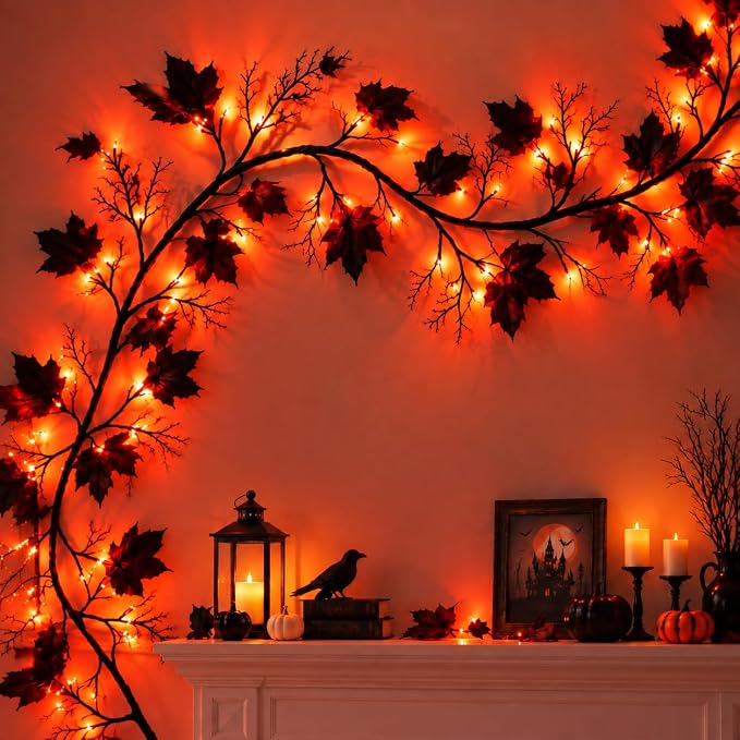 Halloween Garland with Orange Lights, 6 FT Black Maple Leaves, 54 LEDs - string light