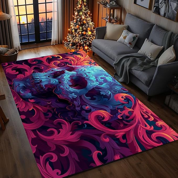 Skull Carpet Home Decor – Floral Blue Skull Exquisite Pattern Non-Slip Soft Carpet Mat – 60x80inch
