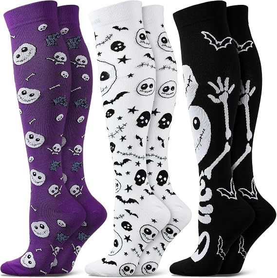Cindeer 3 Pairs Halloween Compression Knee High Socks for Women - sugar skull costume