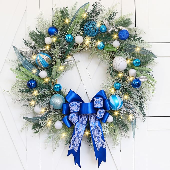 TOKCARE Prelit Christmas Wreath with Blue Bow and Ball Ornaments, 22 Inch - skull wreath