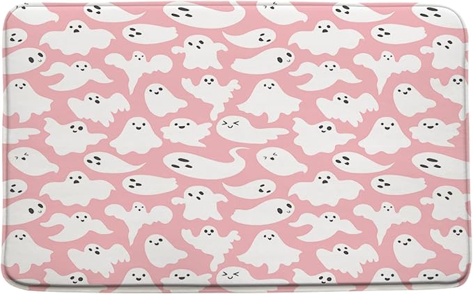 Halloween Ghost Bath Mat Pink White Spooky Gothic Cartoon Funny Scary Festival Bathroom Kitchen Toilet Rugs,18×30 Inch