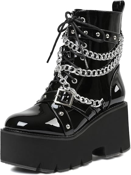 mikarka Platform Boots for Women - Womens Combat Boots with Chain Design - sugar skull boots