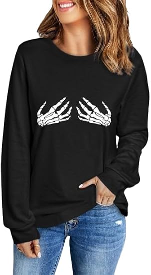 COLORFUL BLING Halloween Skull Shirts Long Sleeve Skull Graphic Print Slouchy Shirt Crewneck Pullover for Women - skull hoodie
