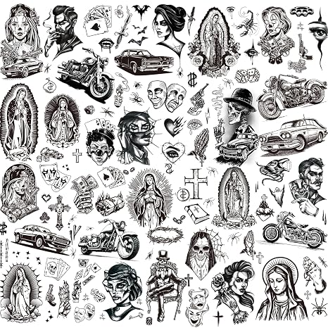 12 Sheets Large Chicano Temporary Tattoos, Cholo and Chola Temporary Tattoos, Chicana Guadalupe Gangster Fake Tattoos Day of the Dead, Día de Muertos, Tatuajes Temporales, Halloween Mexico Tattoos - skull sticker