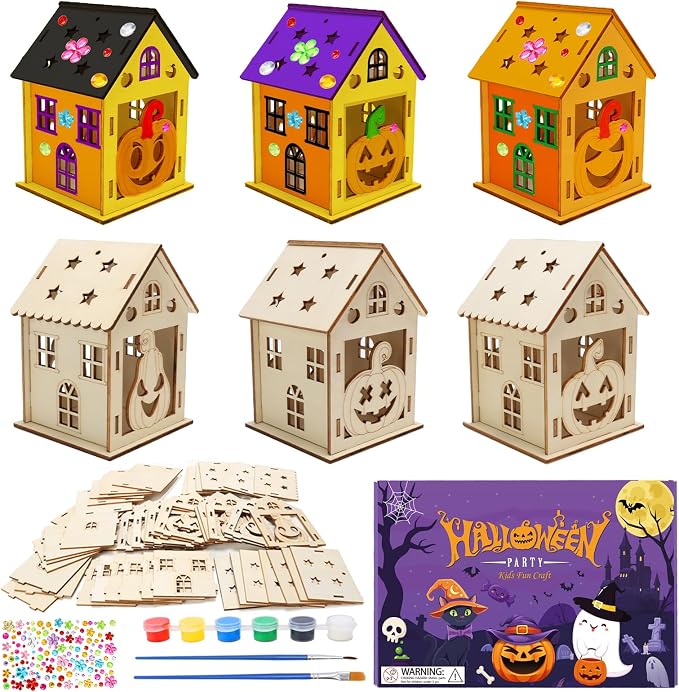 Fennoral 7 Pack Wooden Pumpkin House Craft for Kids Make You Own 3D Halloween House DIY Paint Art and Craft for Classroom Art Projiect Halloween Party Decoration