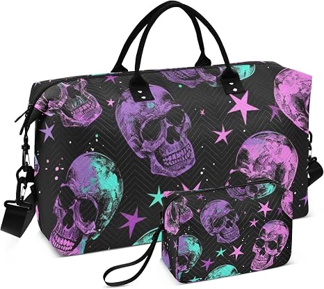 Skull Travel Duffle Bag Gym Bag, Neon Purple Gothic Skull Weekender Bags for Women with Toiletry Bag Travel Tote Bag Swim Bag - sugar skull handbags for sale