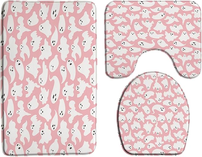 Halloween Ghost 3 Piece Bathroom Mat Sets,Pink White Spooky Gothic Cartoon Funny Scary Festival Bath Toilet Rugs,16"x24"Bath Mat,Toilet Seat Cover, U-Shaped Toilet - skull toilet mat
