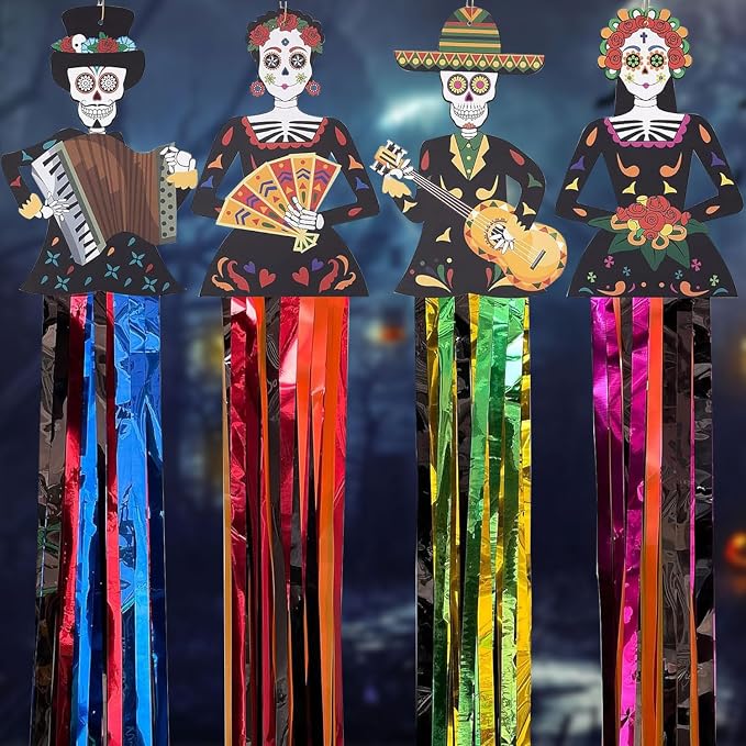 4 PCS Large Day of The Dead Decorations, 4.6Ft Inch Dia De Los Muertos Decorations Outdoor Hanging Sugar Skull Decors Mexican Fiesta Day of The Dead Altar Halloween Party Home Decor - sugar skull ornament