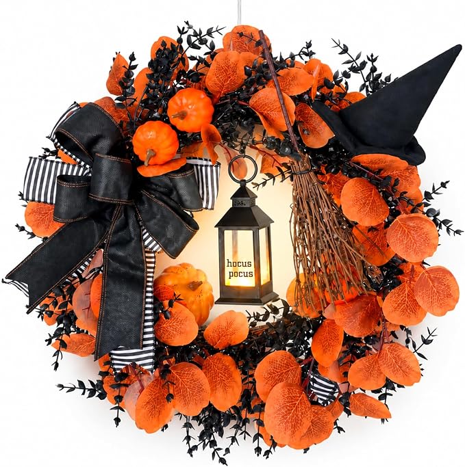20" Halloween Wreath with Lantern, Pumpkin Witch Hat Bow - skull wreath