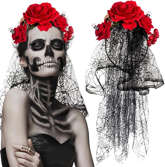 Red Rose Skull Veil Headband for Women Rose Flower Crown Day of The Dead Floral Hair Hoop Gothic Head Piece Costume Cosplay Headpiece Hair Accessories for Halloween Wedding Photo Prop - skull headband