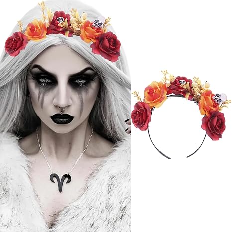Orange and Red Rose Skull Headband for Women Rose Flower Crown Floral Skull Hair Hoop Day of The Dead Head Band Gothic Head Piece Costume Cosplay Hair Accessories for Halloween Wedding Photo Prop - skull headband