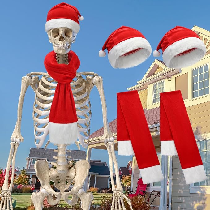 Evervibe 4 Pcs 12 ft Skeleton Santa Hats and Scarves, Long Plush - skeleton