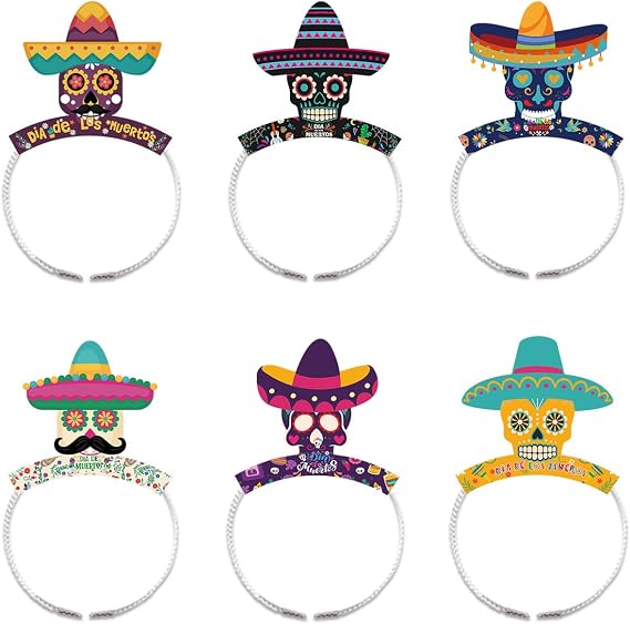 Apol 6 PCS Day of the Dead Party Decorations Sugar Skull Hair Band Headband Skull with Sombrero Photo Prop for Halloween Mexican Fiesta Party Day of The Dead Decorations - skull headband