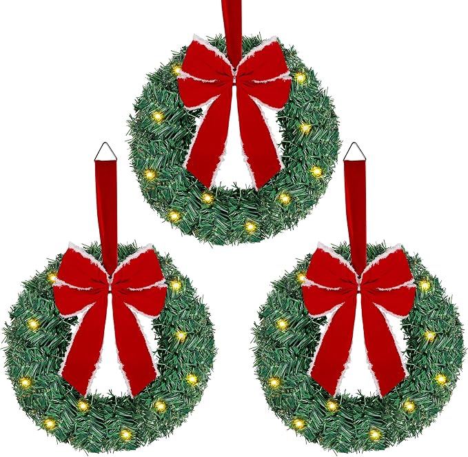 ATDAWN 3 Pack Mini Christmas Wreath, Lighted Christmas Front Door Wreath, Xmas Wreath for Holiday Christmas Party Decorations (Red Bow) - skull wreath