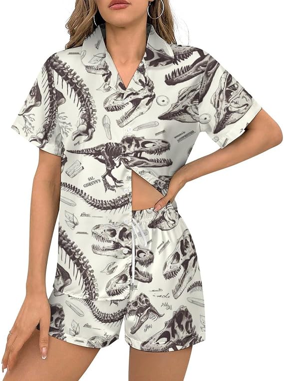 Delerain Womens Pajama Sets 2-Piece Short Sleeve Sleepwear Soft Satin Button Down Loungewear Pjs Shorts Set XS-5XL - skull pajamas