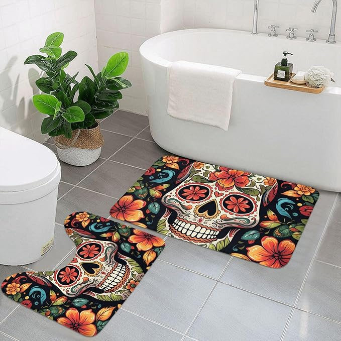 Bathroom Rugs Sets 2 Piece Bath Mat Soft Absorbent Microfiber Bath Rugs and U-Shaped Contour Toilet Rug Non-Slip Bath Carpet Colorful Sugar Skull Floor Mats for Bathroom - skull carpet