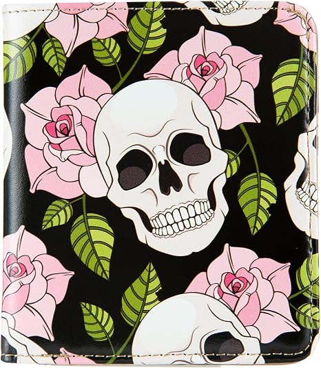 Womens Walle Rfid Blocking Small Compact Bifold Pocket Wallet Women travel mini wallet Ladies Purse with ID Window (Roses and Skulls) - skull wallet