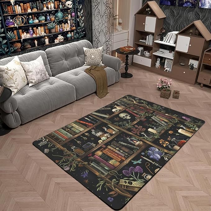 Rustic Botanical Flowers Area Rug,Vintage Halloween Bookcase Magic Book Living Room Rugs,Gothic Skull Vase Country Decor Non Slip Washable Decor Carpet for Indoor Outdoor 3'x5'x0.39'' - skull carpet