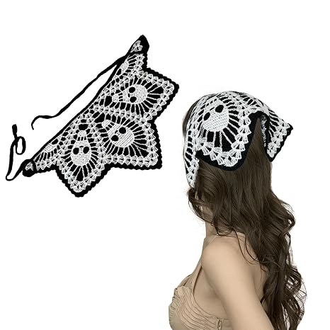 Halloween Spider Web Skull Hair Scarf, Crochet Bandana Headband, Cotton Knit Triangle Headband for Halloween Party Hair Styling Decor - skull headband