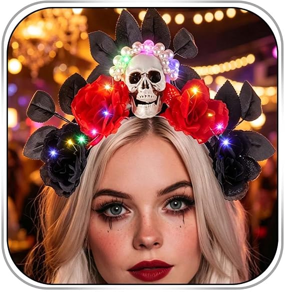 Skull Headband Crown Light Up Halloween Flower Headbands Gothic Day of the Dead Rose Hairband for Women - skull headband