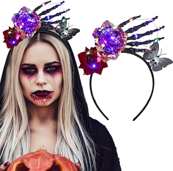 Light Up Flower Headbands Gothic Skeleton Butterfly Hairbands Day of The Dead Head Hoops Glowing Floral Halloween Party Cosplay Costumes Hair Accessories for Women - skull headband