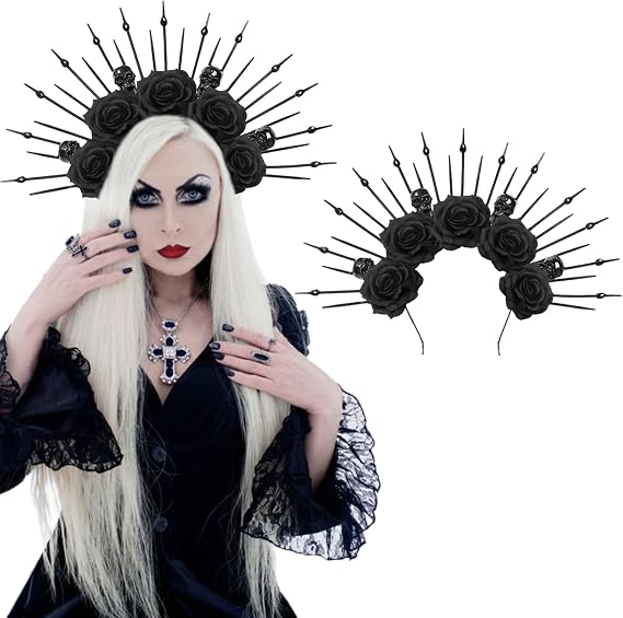 Black Rose Skeleton Goddess Halo Crown Headband for Women Gothic Flower Skull Queen Hair Hoop Day of The Dead Head Piece Costume Renaissance Cosplay Hair Accessory for Halloween Witcher Makeup Party - skull headband