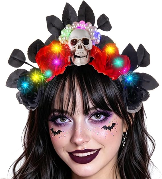 Light Up Halloween Headband Skull Flower Crown Headbands Day of the Dead Headpieces Glitter Costume Hair Accessories for Women - skull headband