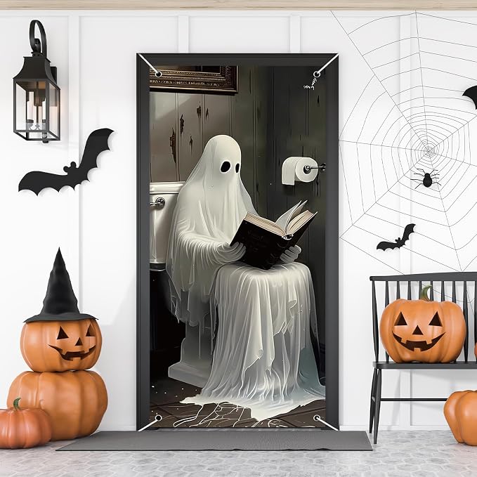 Halloween Door Cover Ghost Bathroom Door Decorations 35 x 71 Inch - skull toilet paper