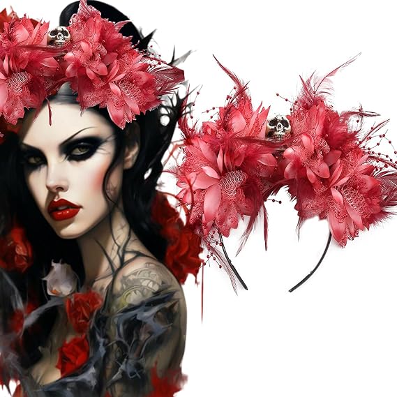 Halloween Skull Flower Headband Red Flower Crown Gothic Horror Headwear for Party Costume Cosplay Headwear Day of the Dead Floral Headpiece Hair Accessories for Women - skull headband