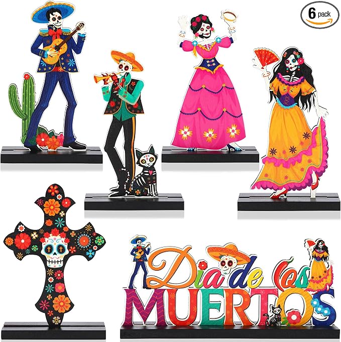 Jansun 6 Pack Day of The Dead Decorations Wood Centerpiece Table Decorations Sugar Skull Calacas Dia De Los Muertos Decorations for Halloween Party Mexican Fiesta Ofrenda Decorations - skull figurine
