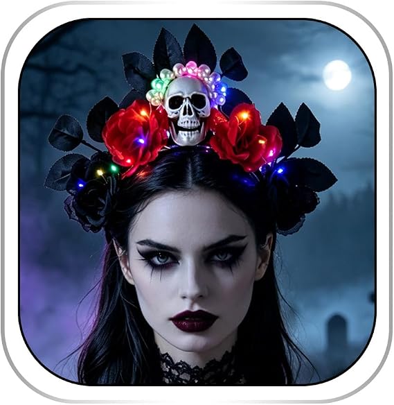 Light Up Halloween Flower Headbands LED Pearl Skull Hairbands Gothic Leaf Headpieces Luminous Rose Rave Costume Party Hair Accessories for Women - skull headband